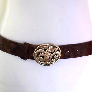 Brighton Dark Brown‎ Handtooled Leather Belt with Silver Heart Oval Buckle